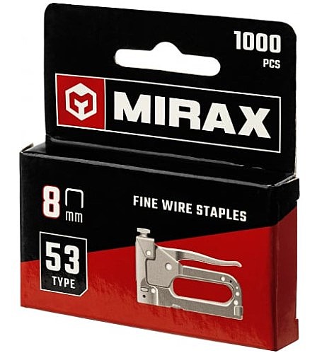 Скобы для степлера MIRAX тонкие 8 мм тип 53 (A /10 /JT21), закаленные, 1000 шт, 3153-08