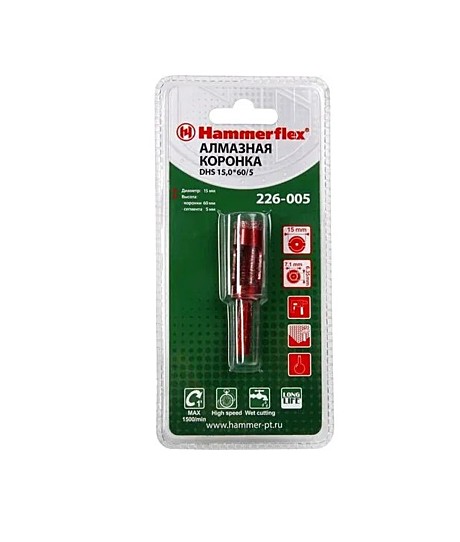 Алм. трубчатая коронка Hammer Flex 226-005 DHS 15,0*60/5  A3, алмаз 60Р, керамогранит