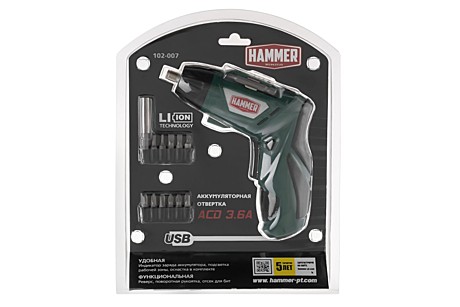 Акк.отвертка Hammer ACD3.6A с набором бит 3,6В